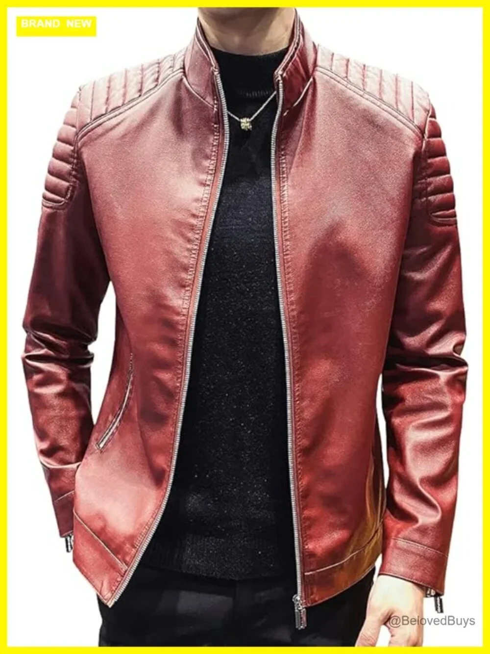 Faux Leather Motorcycle Jacket Slim Fit Stand Collar Biker